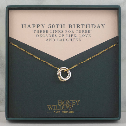 30th Birthday Necklace - Silver & Gold Love Knot - The Original 3 Links for 3 Decades Necklace