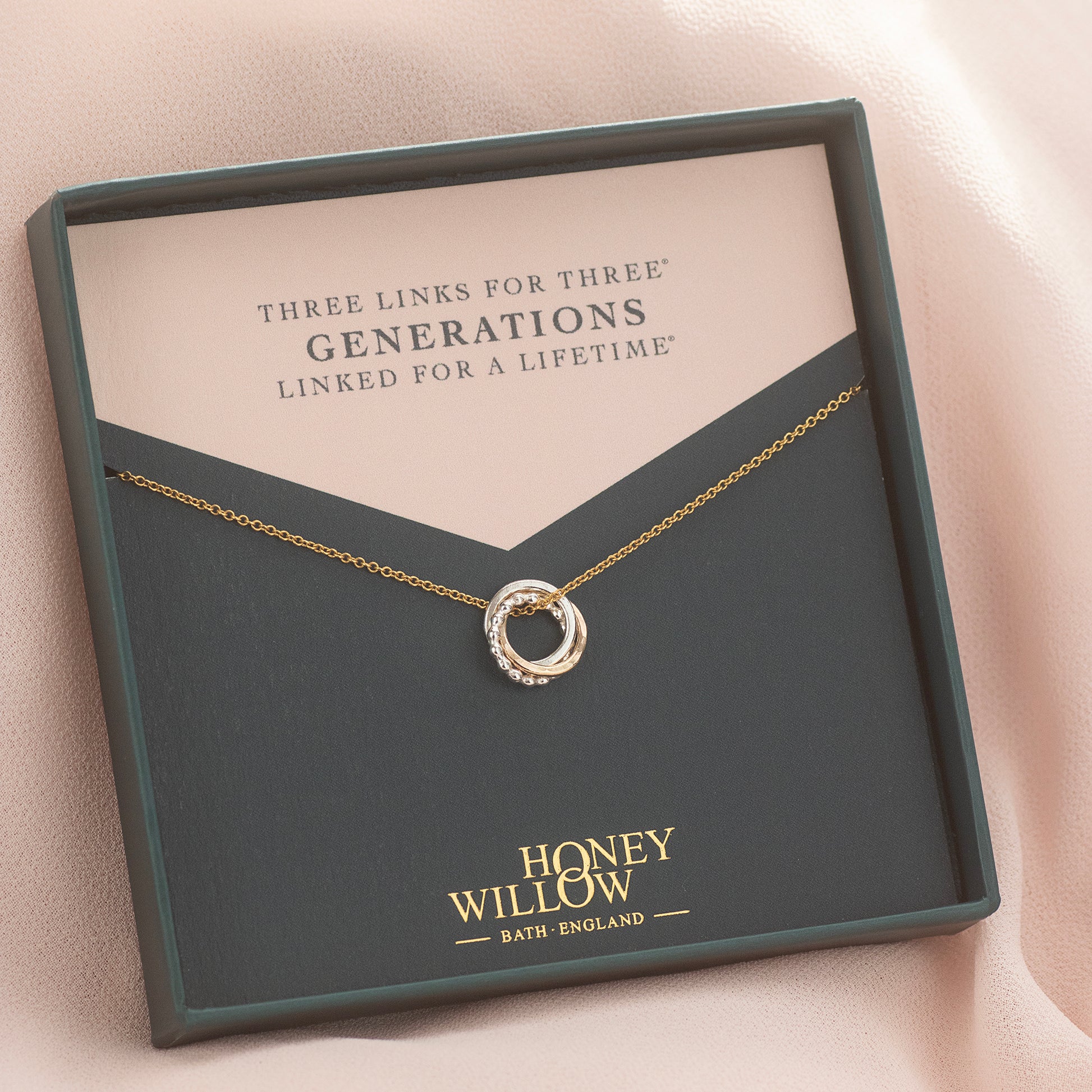 Family Links Necklace - 3 Links for 3 Generations - Silver & Gold Love Knot