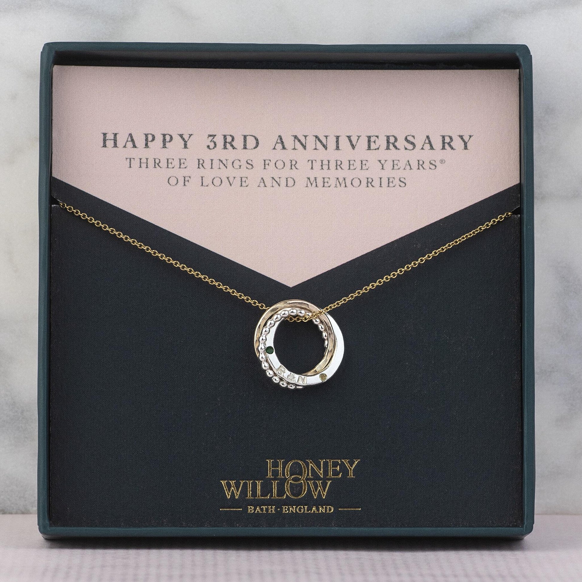 Personalised 3rd Anniversary Birthstones Necklace - Hand-Stamped - Petite Mixed Metal - 3 Rings for 3 Years®