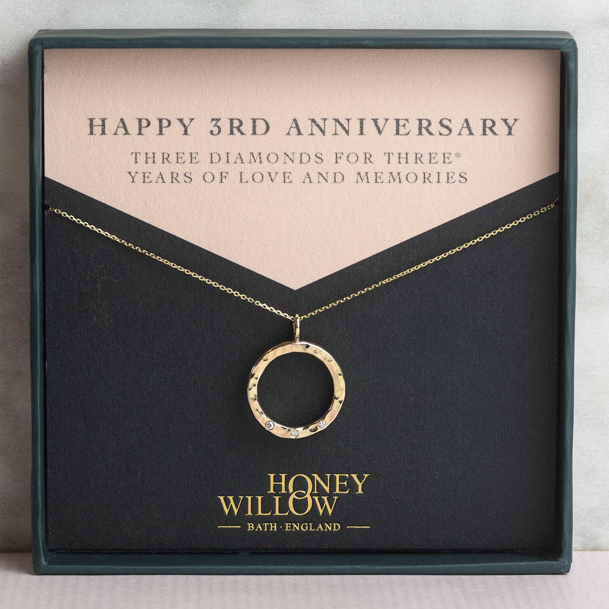 3rd Anniversary Gift - Recycled 9kt Gold Diamond Halo Necklace - 3 Diamonds for 3® Years