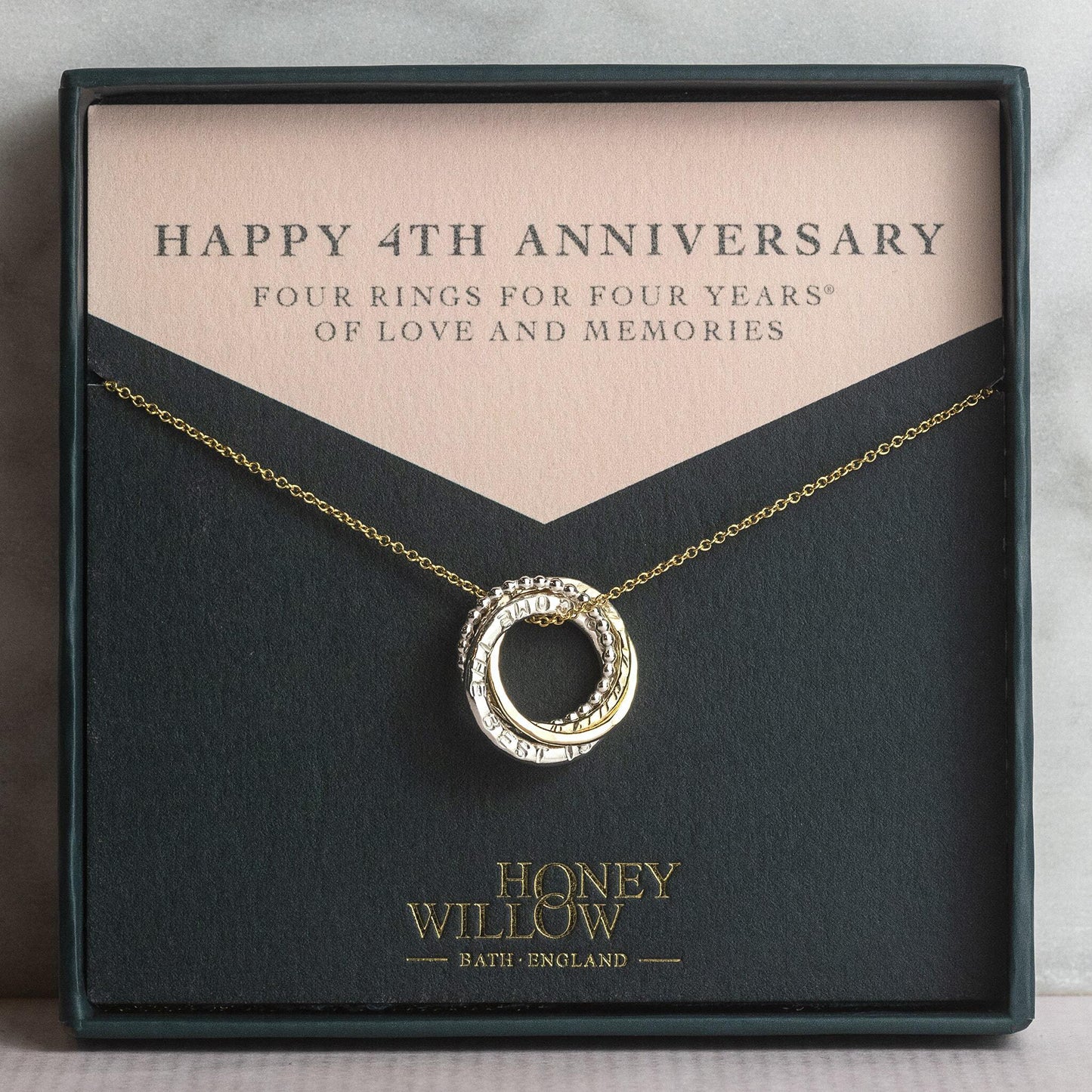 Personalised 4th Anniversary Necklace - Hand-Stamped - 4 Rings for 4® Years - Mixed Metal
