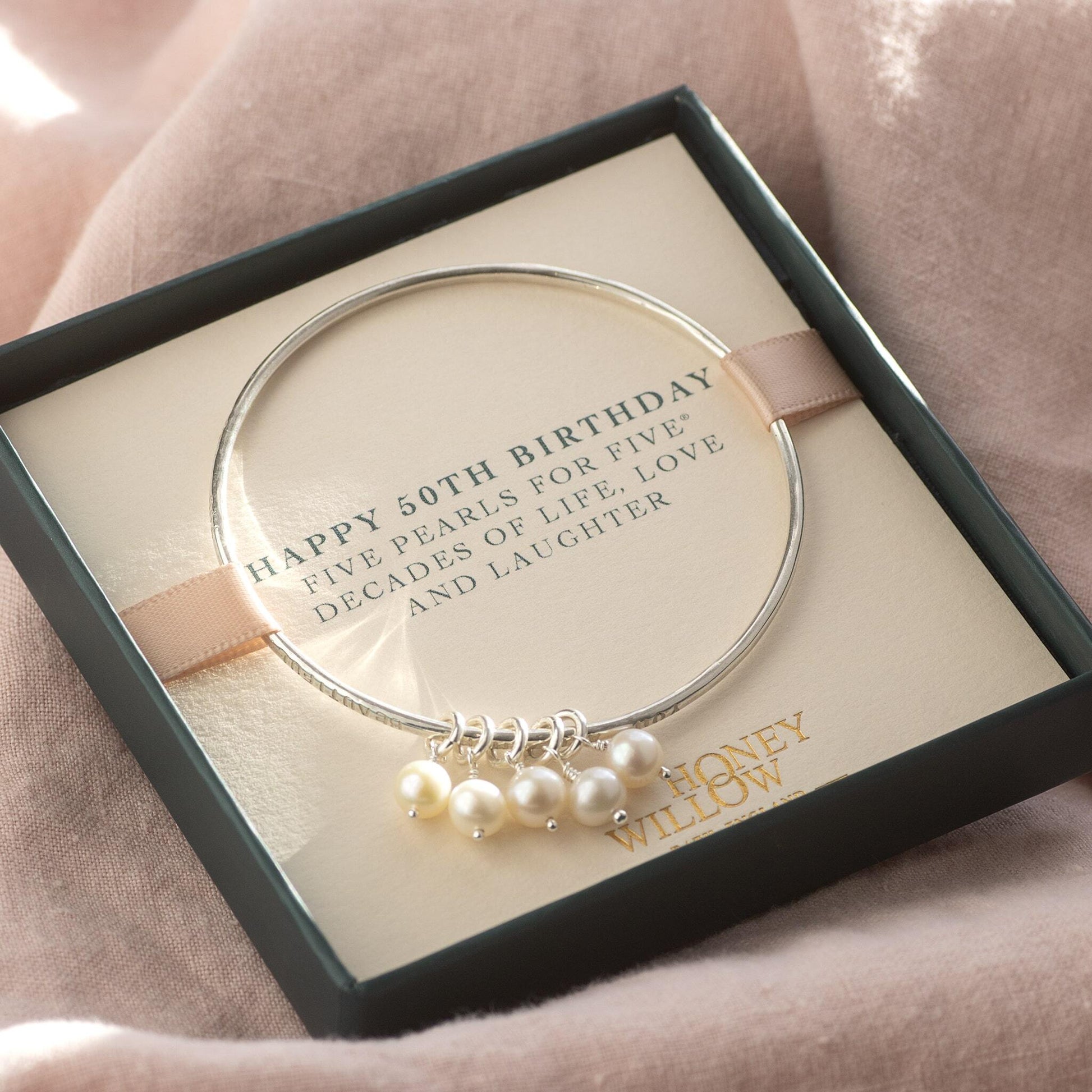 Personalised 50th Birthday Bracelet - 5 Pearls for 5 Decades - Hand Stamped