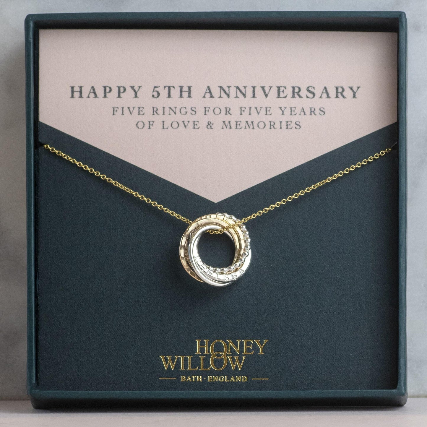 Personalised 5th Anniversary Necklace - Hand-Stamped - The Original 5 Rings for 5 Years Necklace - Petite Silver & Gold