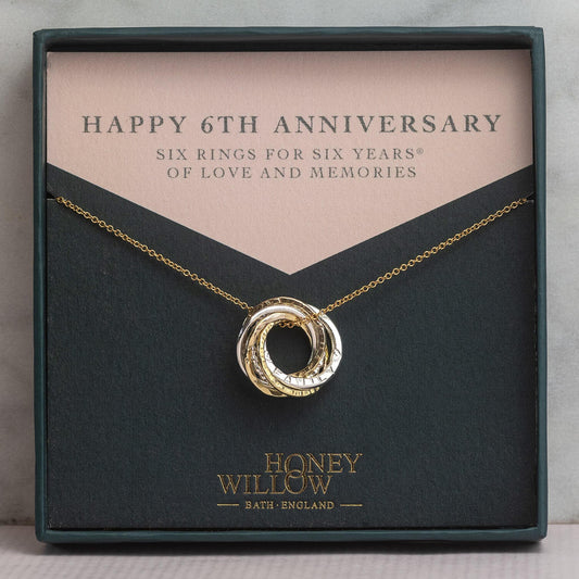 Personalised 6th Anniversary Necklace - Hand-Stamped - The Original 6 Rings for 6 Years Necklace - Petite Silver & Gold