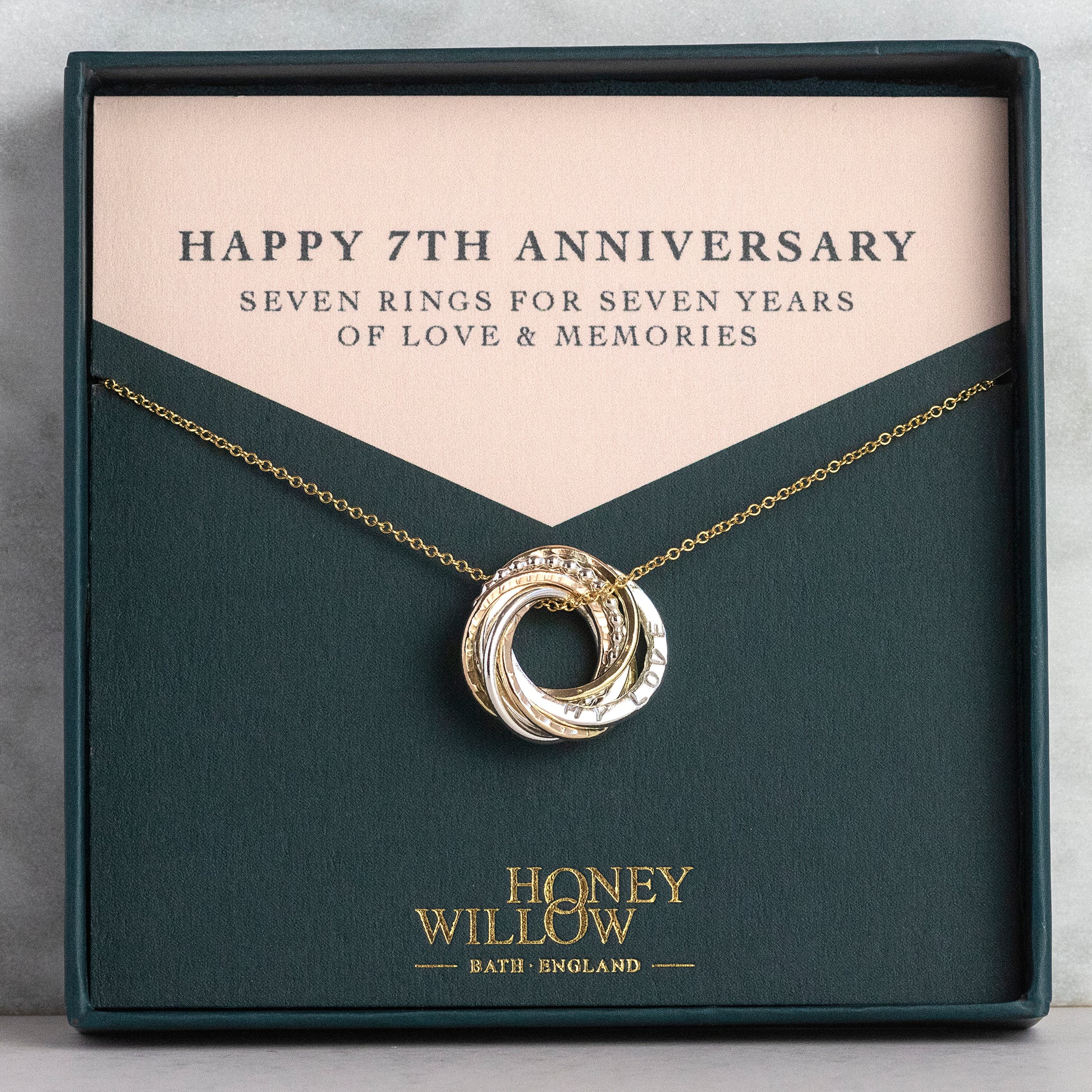Personalised 7th Anniversary Necklace - Hand-Stamped - The Original 7 Rings for 7 Years Necklace - Petite Silver & Gold