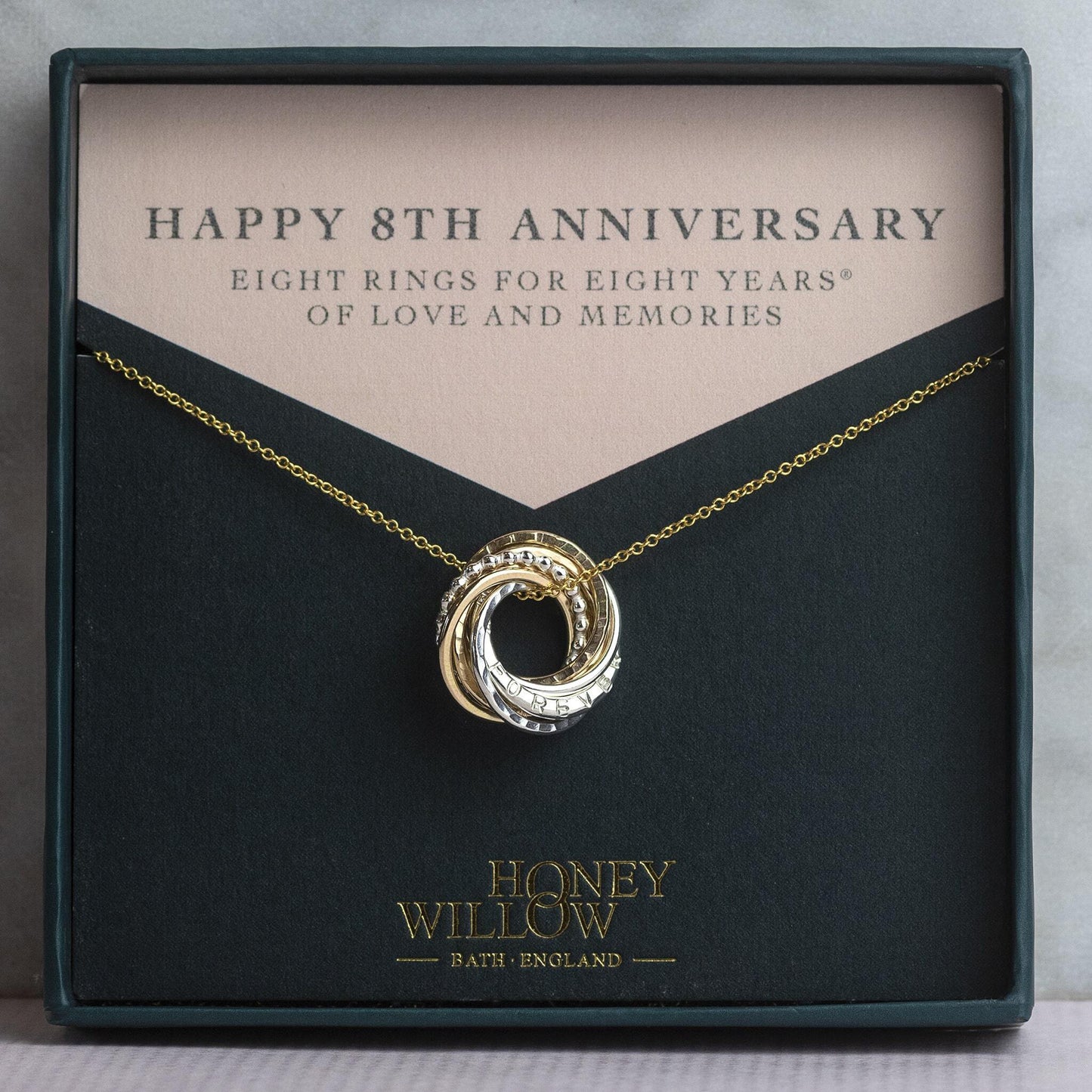 Personalised 8th Anniversary Necklace - Hand-Stamped - The Original 8 Rings for 8 Years Necklace - Petite Silver & Gold