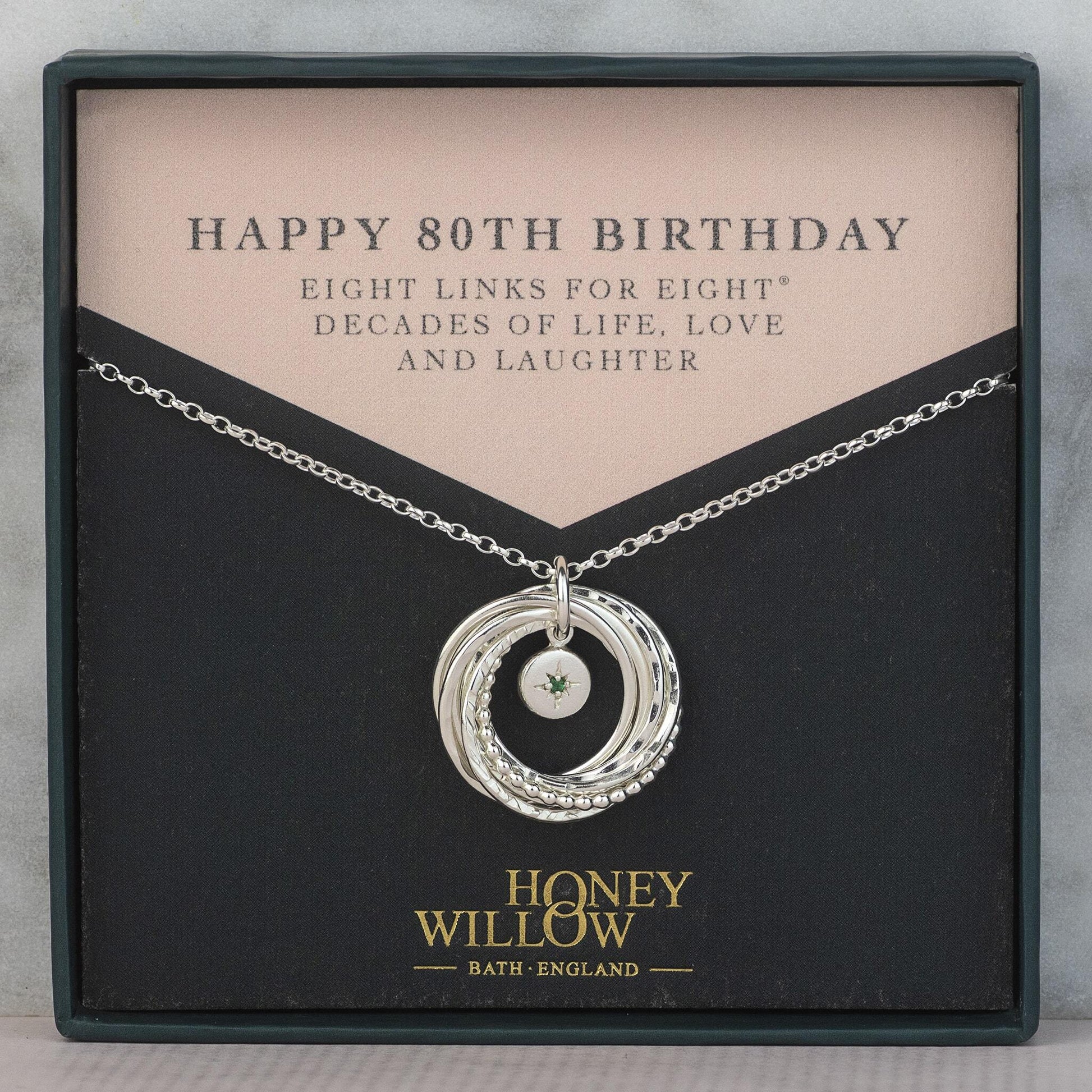 80th Birthday Birthstone Necklace - Silver - The Original 8 Links for 8® Decades Necklace