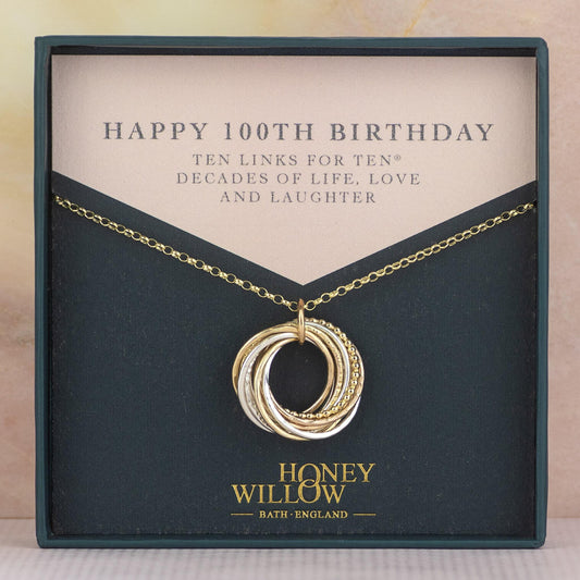 9kt Gold 100th Birthday Necklace - Recycled Gold, Rose Gold & Silver - The Original 10 Links for 10® Decades Necklace