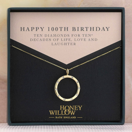 100th Birthday Gift - Recycled 9kt Gold Diamond Halo Necklace - 10 Diamonds for 10® Decades