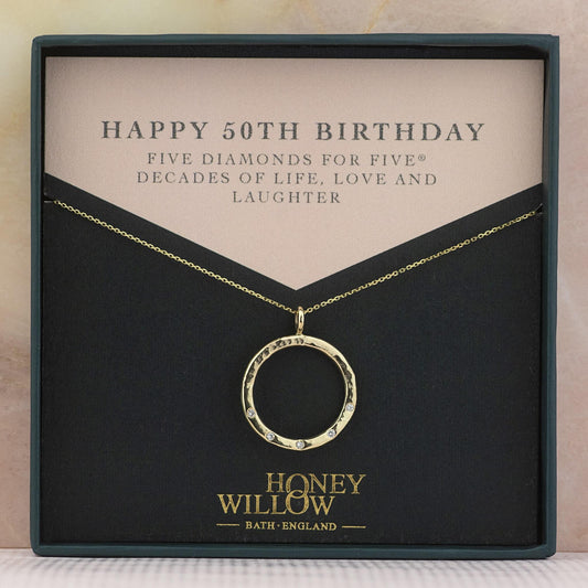 50th Birthday Gift - Recycled 9kt Gold Diamond Halo Necklace - 5 Diamonds for 5® Decades