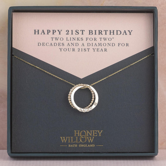 21st Birthday Necklace - Personalised Silver & 9kt Gold Double Link Necklace with Diamond