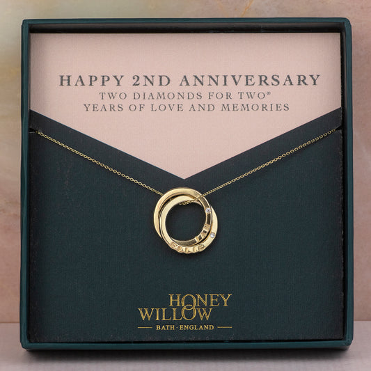 2nd Anniversary Gift - Personalised 9kt Gold Name Necklace - 2 Diamonds for 2 Years