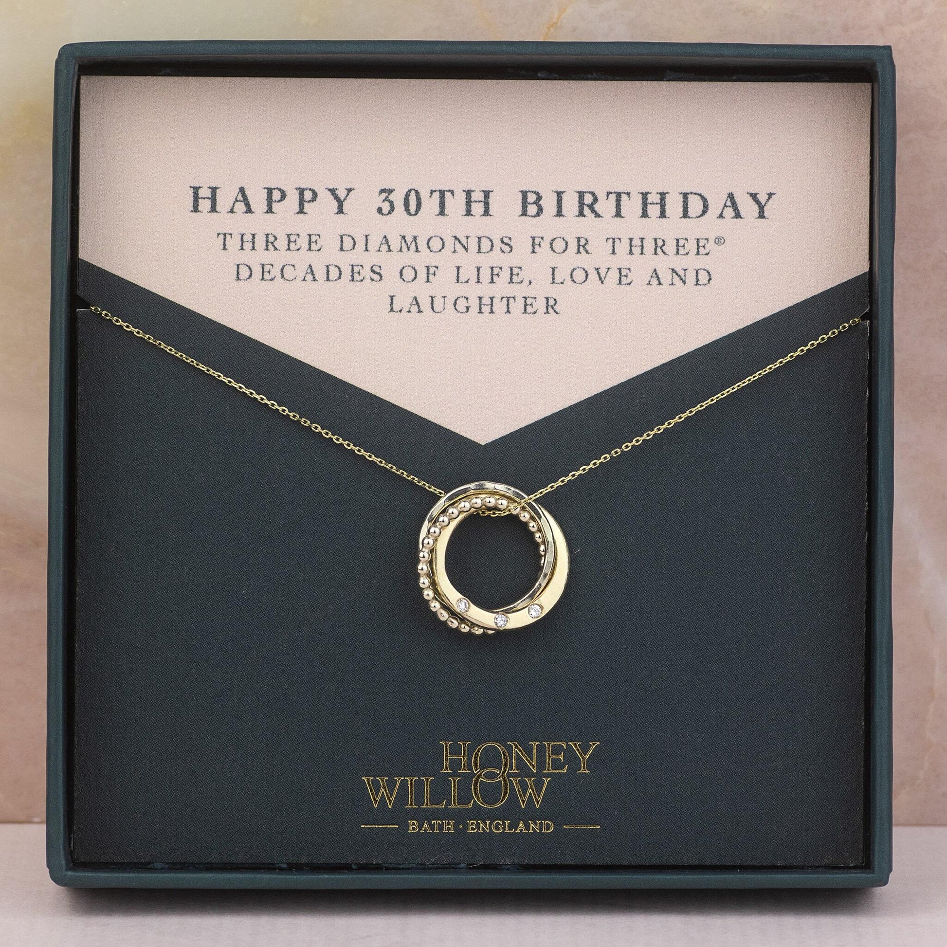 30th Birthday Necklace - 9kt Gold - 3 Diamonds for 3 Decades
