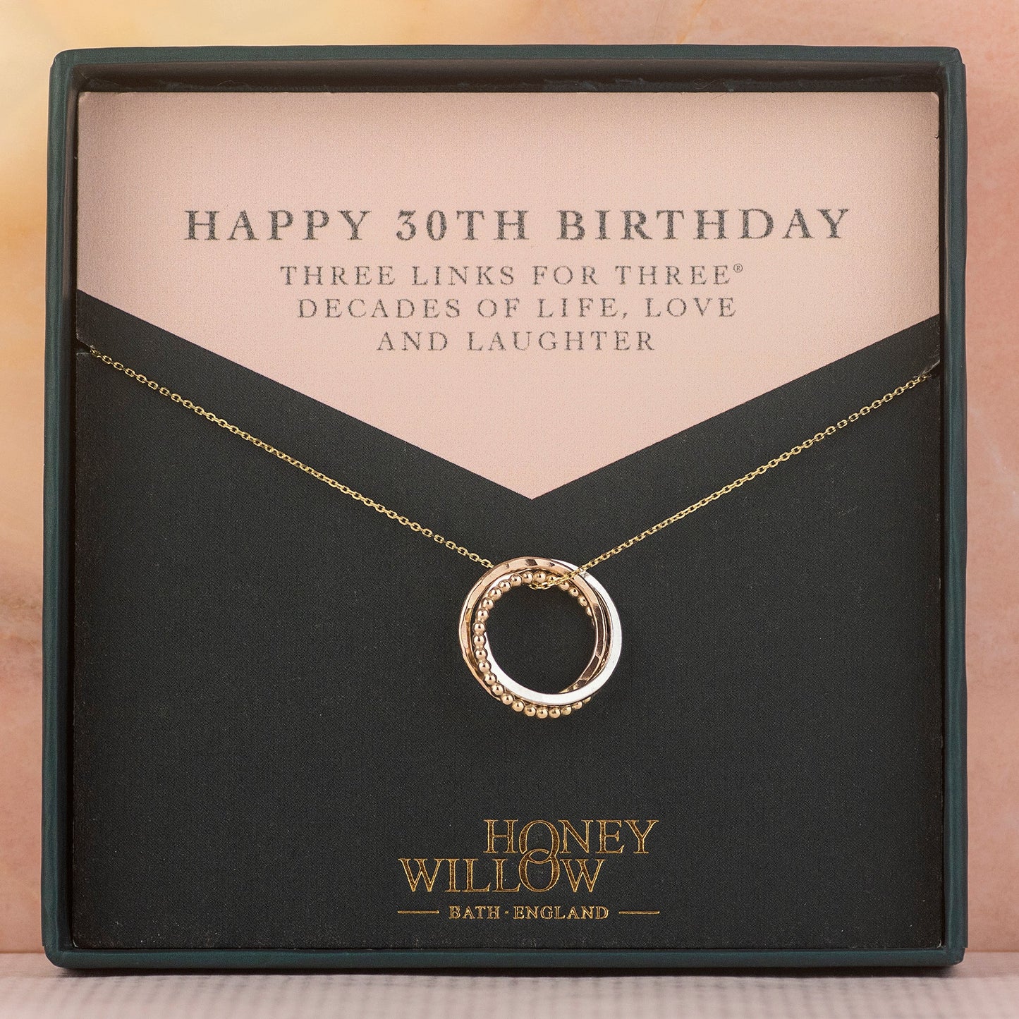 9kt Gold 30th Birthday Necklace - Petite Gold, Rose Gold & Silver - The Original 3 Links for 3 Decades Necklace