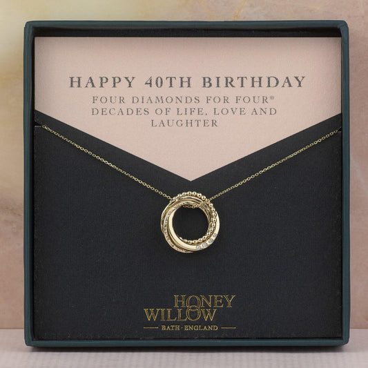 9kt 40th Birthday Necklace - 4 Diamonds for 4 Decades Necklace - Recycled Gold