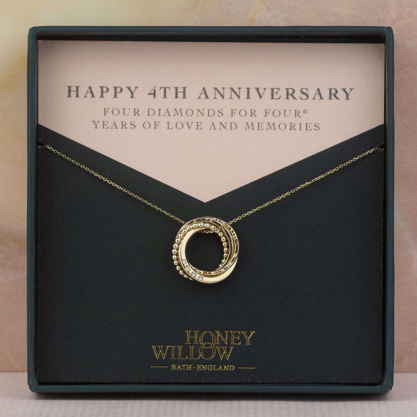 4th Anniversary Necklace - 4 Diamonds for 4 Decades - 9kt Gold