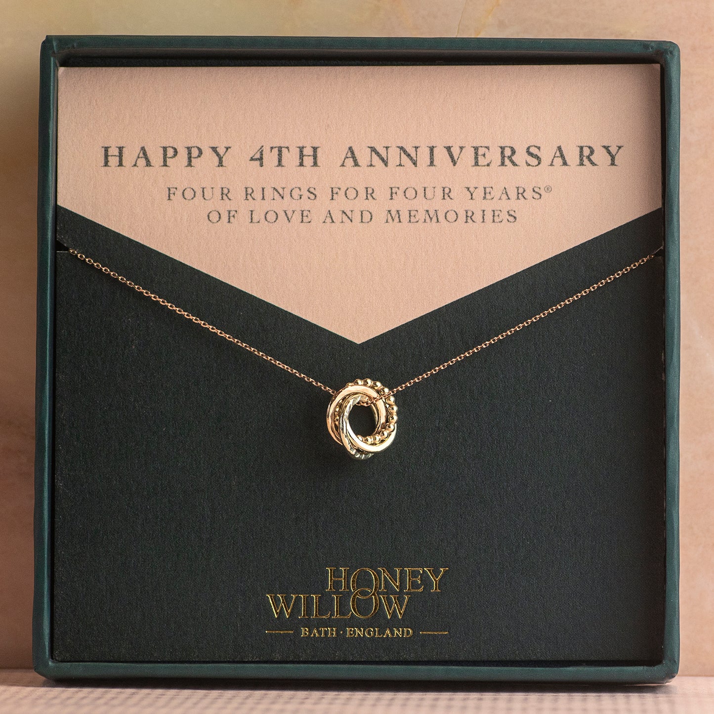 9kt Gold 4th Anniversary Love Knot Necklace -  The Original 4 Links for 4 Years Necklace - Recycled Gold, Rose Gold & White Gold