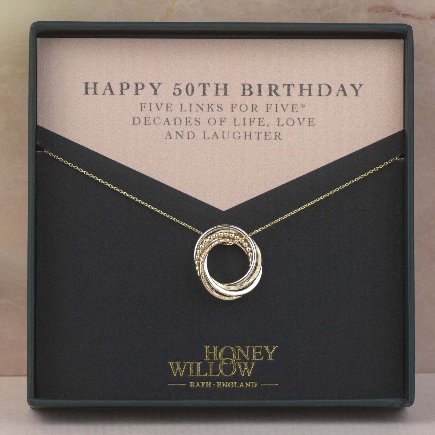 9kt Gold 50th Birthday Necklace - The Original 5 Links for 5 Decades Necklace - Petite Recycled Gold, Rose Gold & Silver