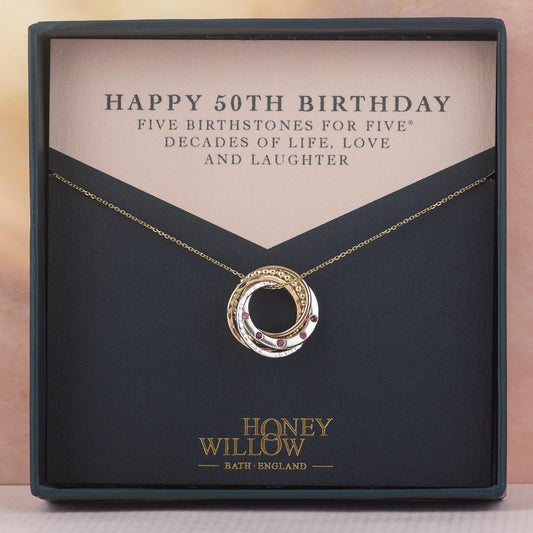 9kt Gold 50th Birthday Necklace - 5 Birthstones for 5 Decades - Recycled Gold, Rose Gold and Silver