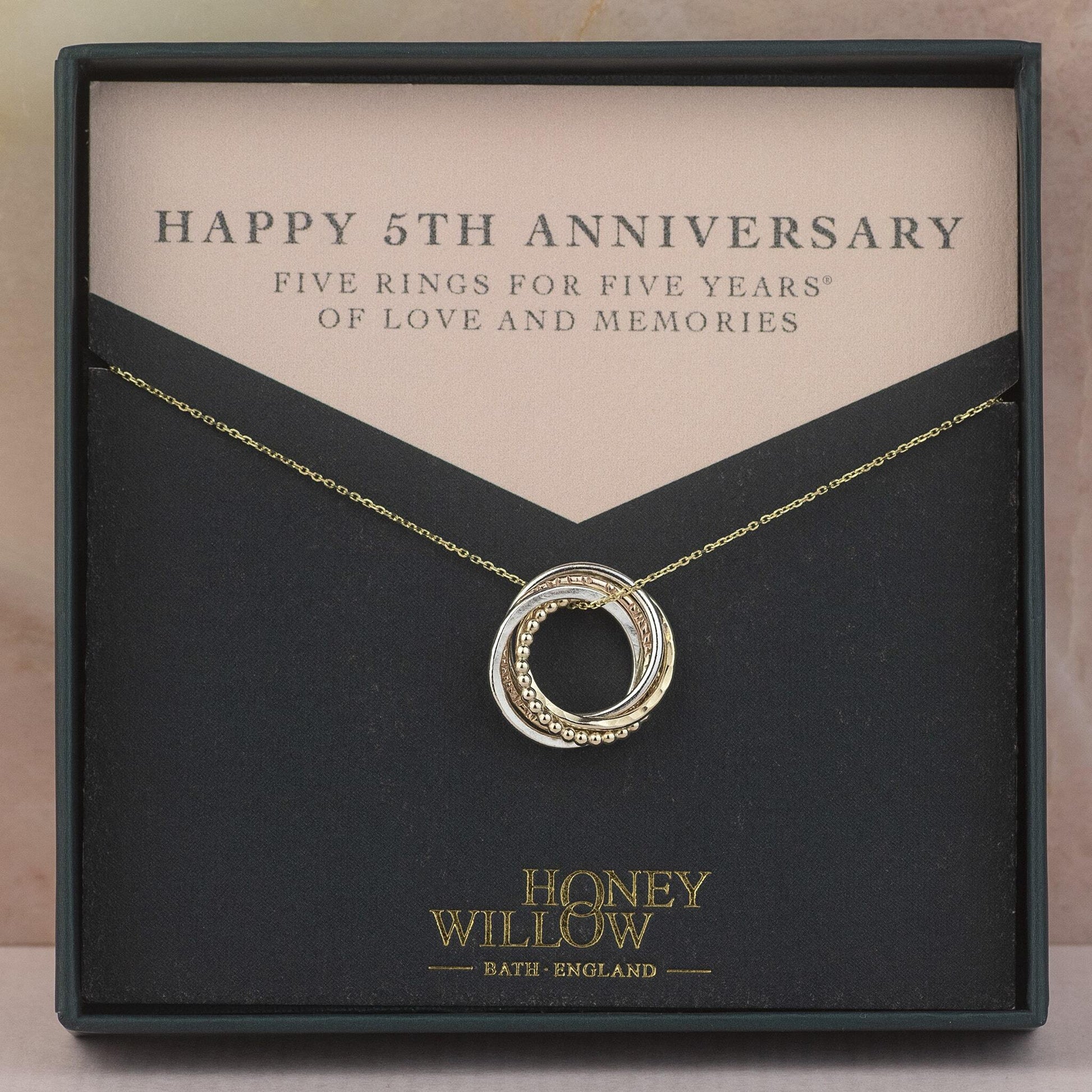 9kt Gold 5th Anniversary Necklace -  The Original 5 Links for 5 Years Necklace - Petite Recycled Gold, Rose Gold & Silver