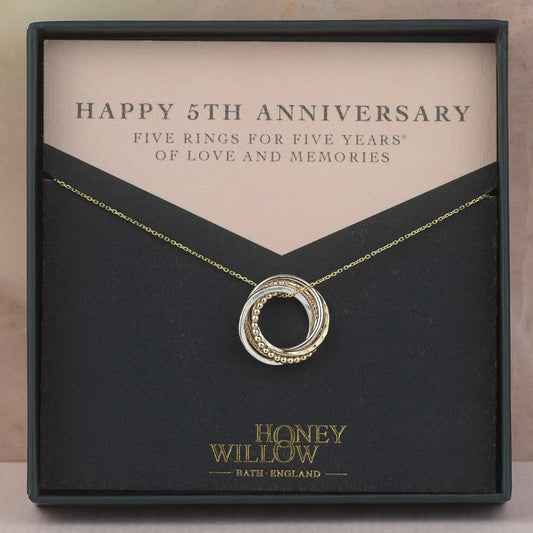 9kt Gold 5th Anniversary Necklace -  The Original 5 Links for 5 Years Necklace - Petite Recycled Gold, Rose Gold & Silver