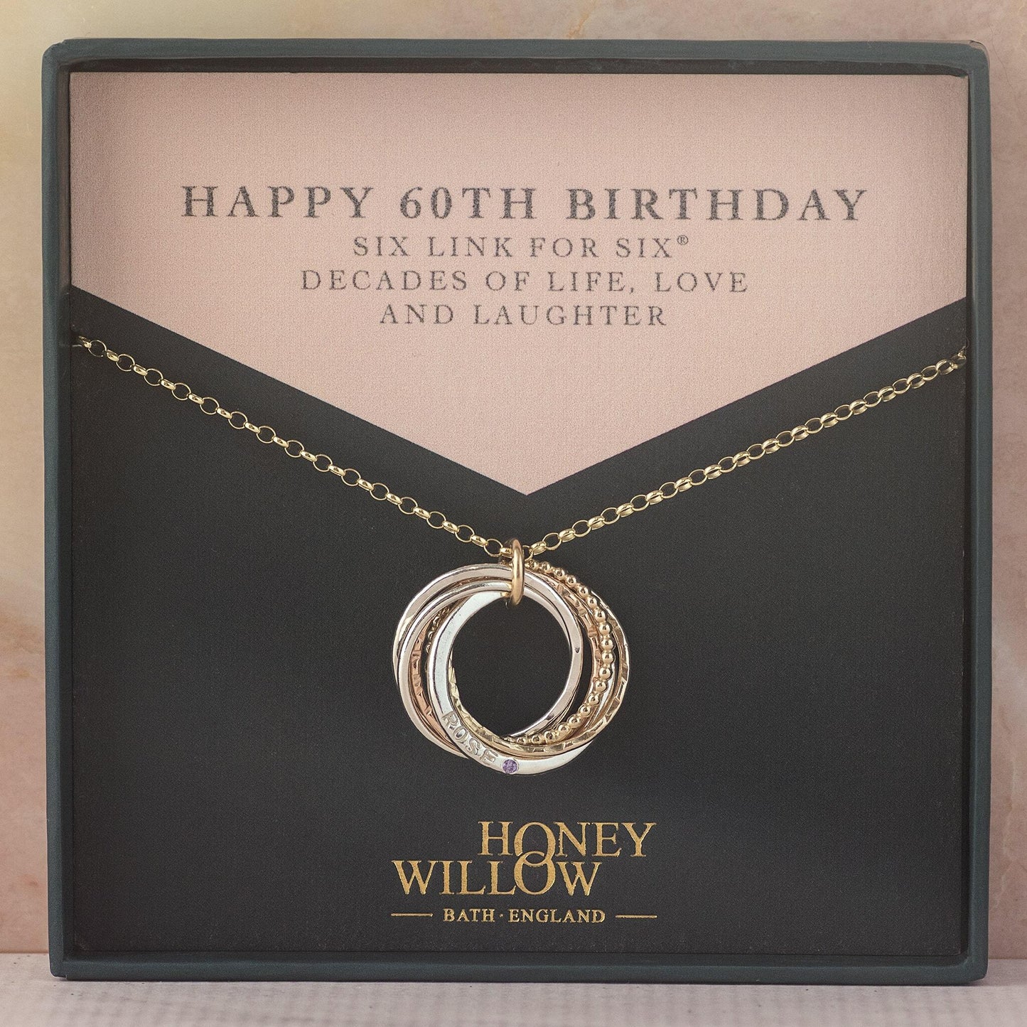 9kt Gold Personalised 60th Birthday Birthstone Necklace - Hand-Stamped - The Original 6 Links for 6 Decades Necklace - Recycled Rose Gold, Recycled Yellow Gold & Silver