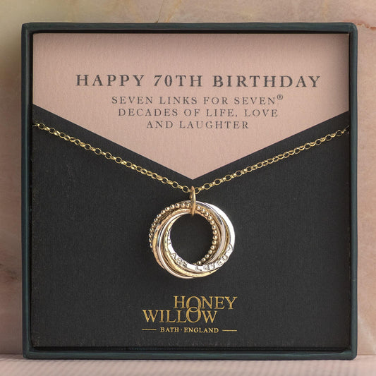 9kt Gold Personalised 70th Birthday Necklace - Hand-Stamped - The Original 7 Links for 7 Decades Necklace - Recycled Rose Gold, Recycled Yellow Gold & Silver