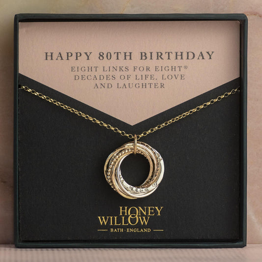 9kt Gold Personalised 80th Birthday Necklace - Hand-Stamped - The Original 8 Links for 8 Decades Necklace - Recycled Rose Gold, Recycled Yellow Gold & Silver
