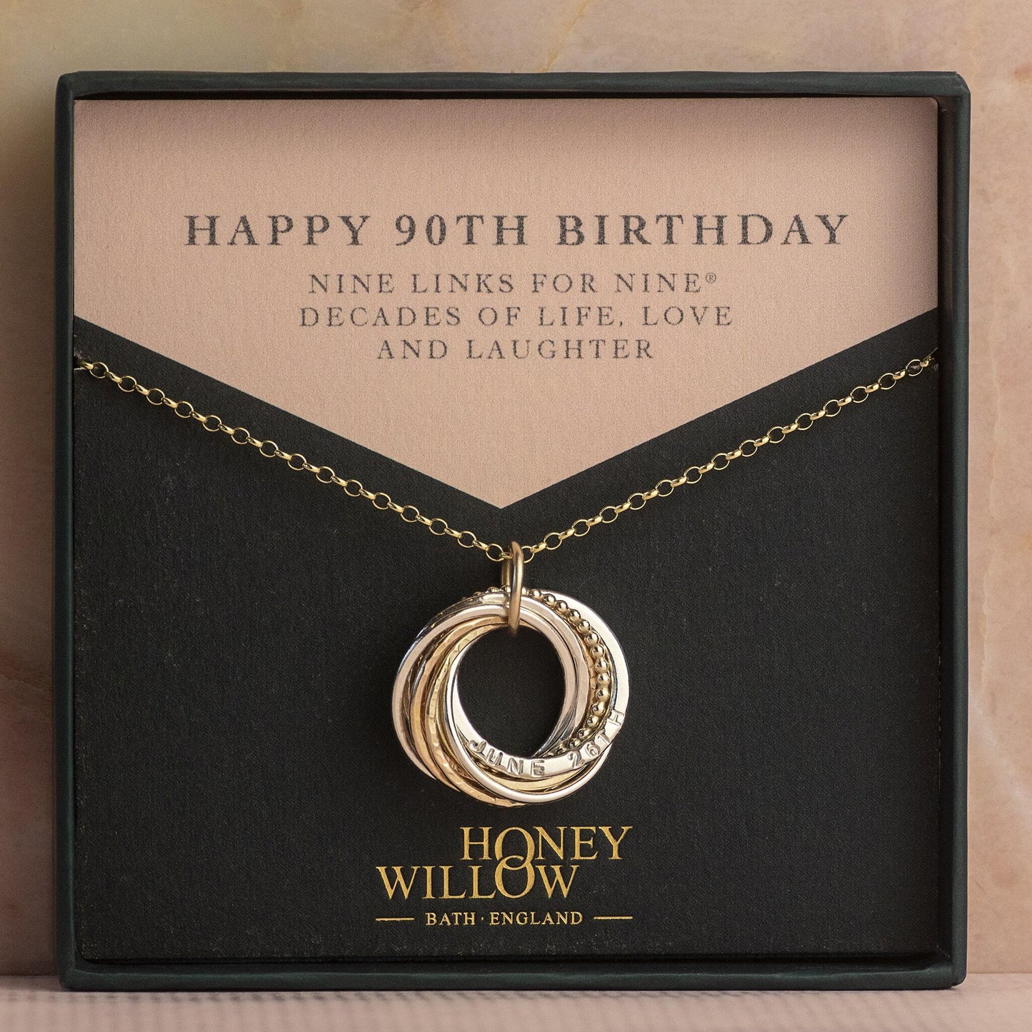 9kt Gold Personalised 90th Birthday Necklace - Hand-Stamped - The Original 9 Links for 9 Decades Necklace - Recycled Rose Gold, Recycled Yellow Gold & Silver