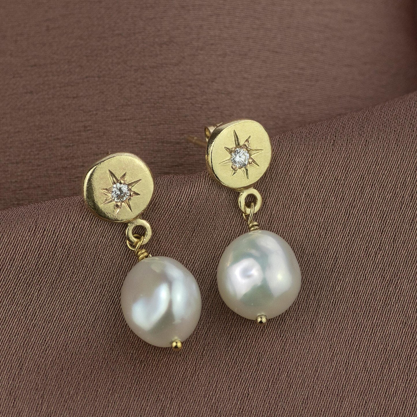 Diamond Star Set Pearl Earrings - 9kt Gold