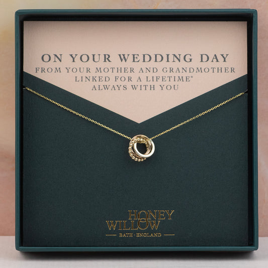 Wedding Day Gift for Bride from Mother & Grandmother - 9kt Gold, Rose Gold & Silver Love Knot Necklace
