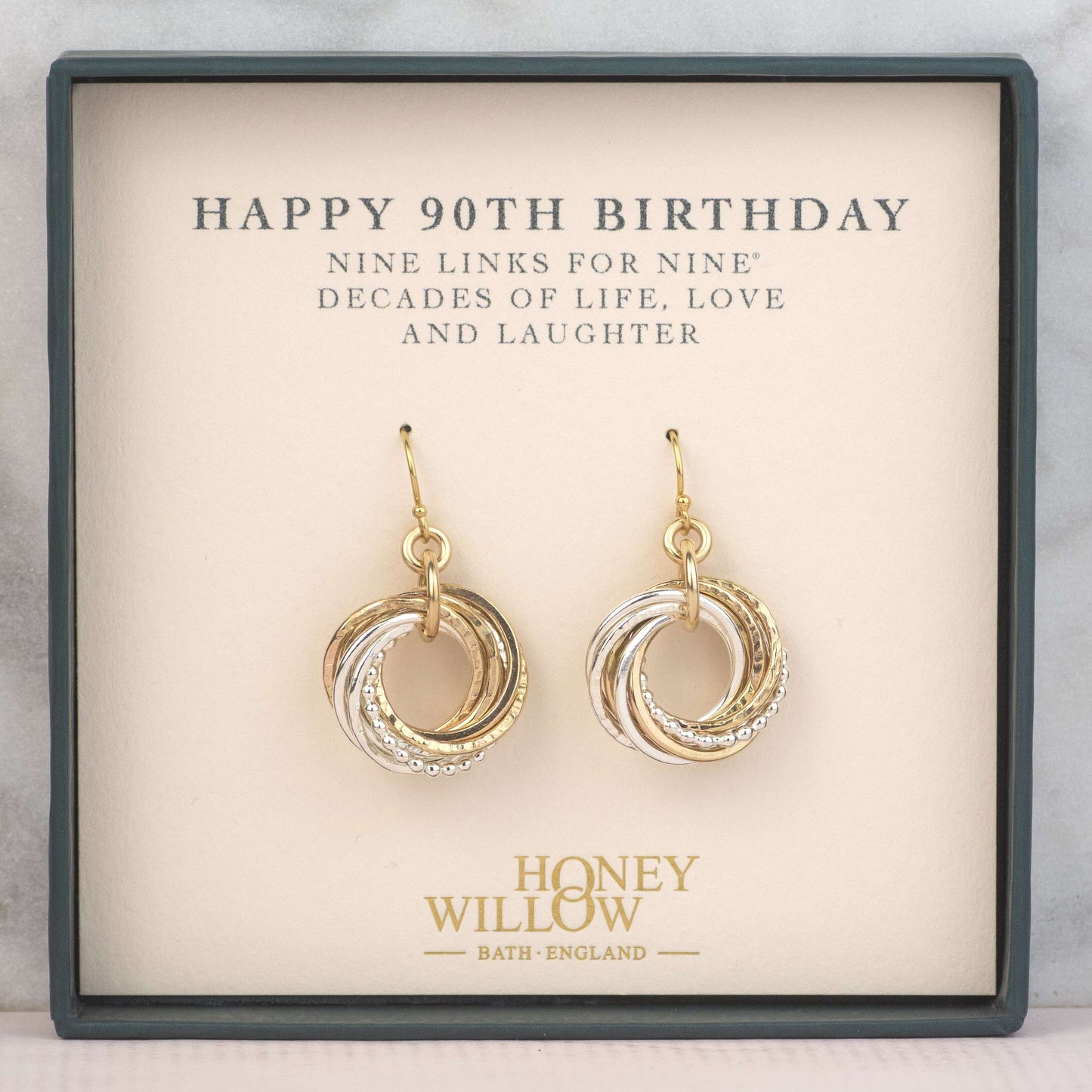90th Birthday Earrings - The Original 9 Links for 9 Decades Earrings - Petite Silver & Gold