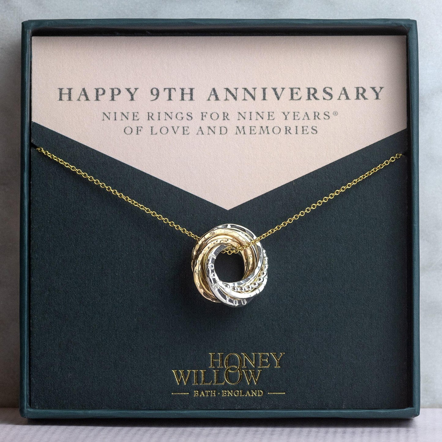 Personalised 9th Anniversary Necklace - Hand-Stamped - The Original 9 Rings for 9 Years Necklace - Petite Silver & Gold