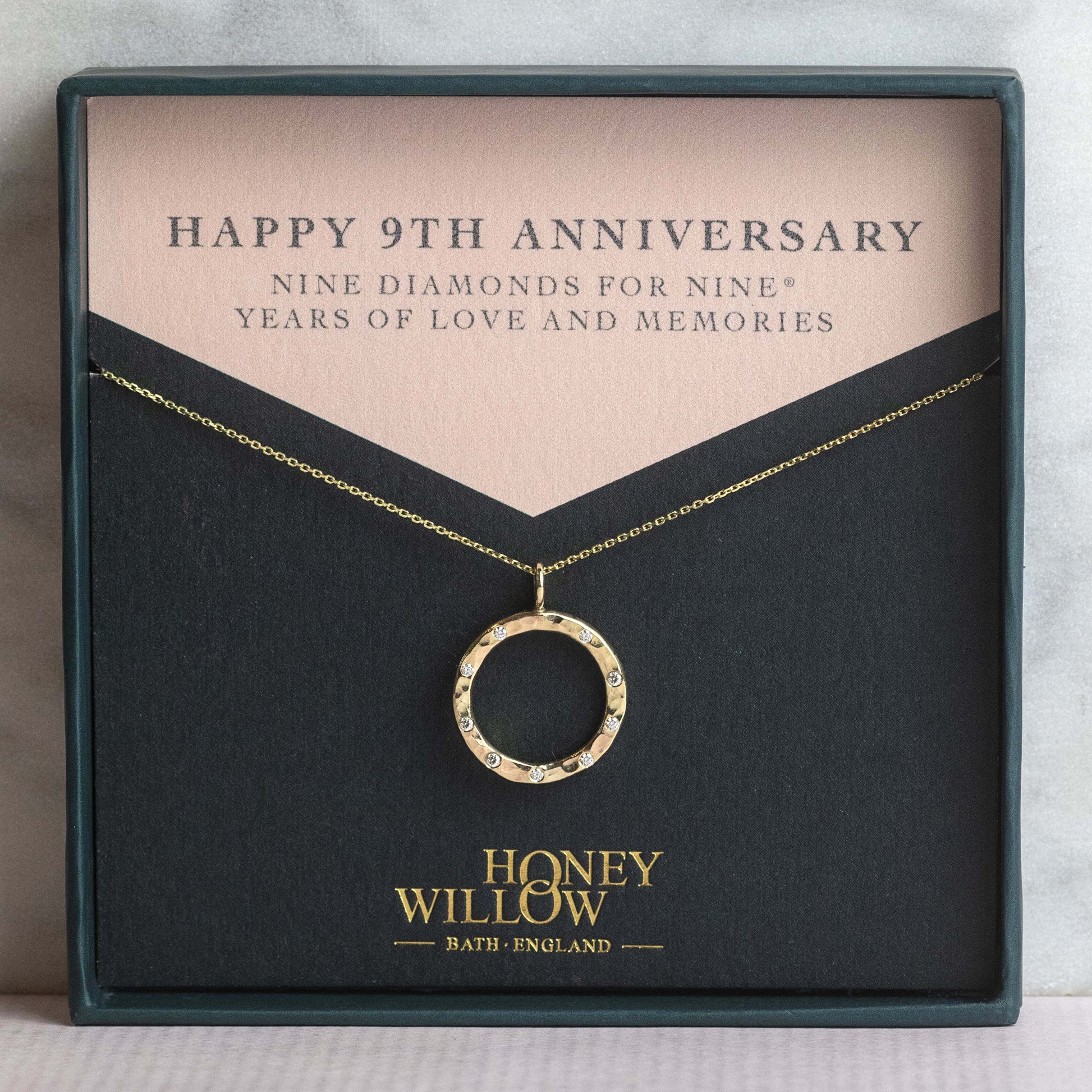 9th Anniversary Gift - 9kt Gold Diamond Halo Necklace - 9 Diamonds for 9® Years