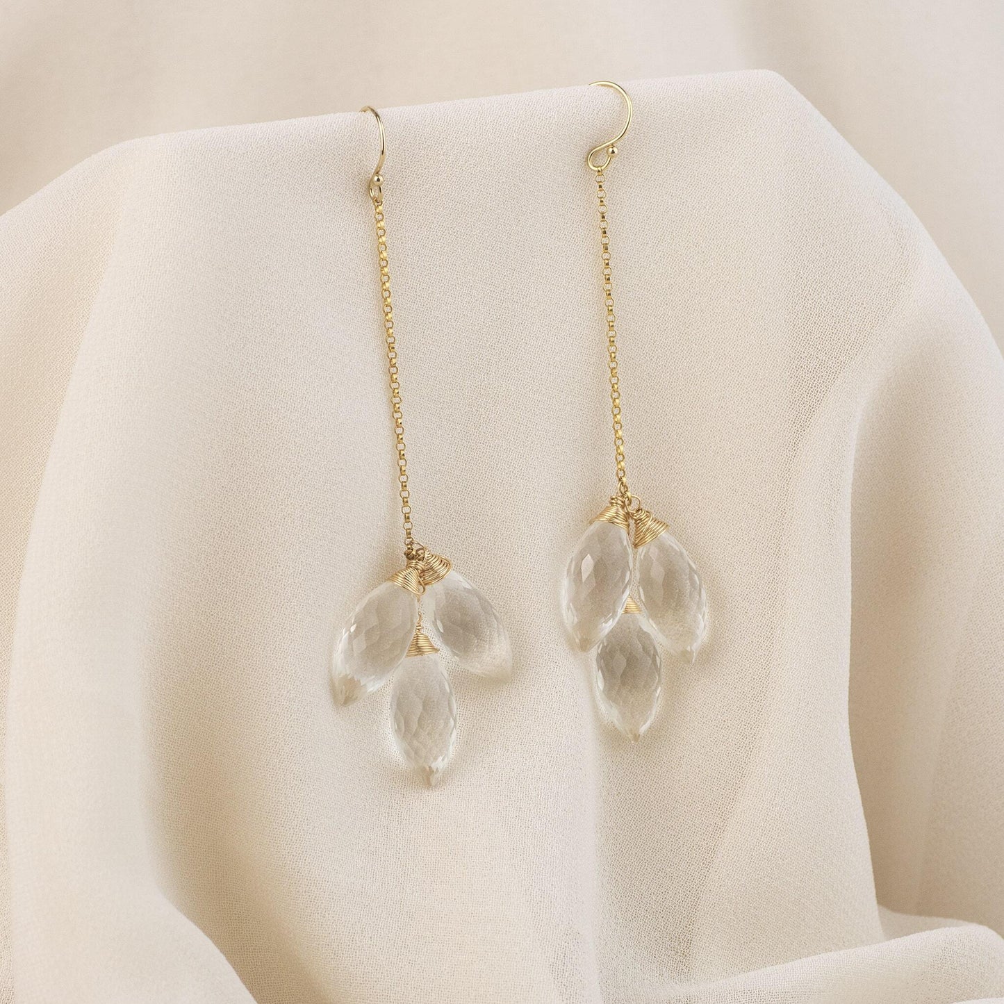Long Leaf Drop Earrings Rock Crystal - Silver & Gold - Ceres