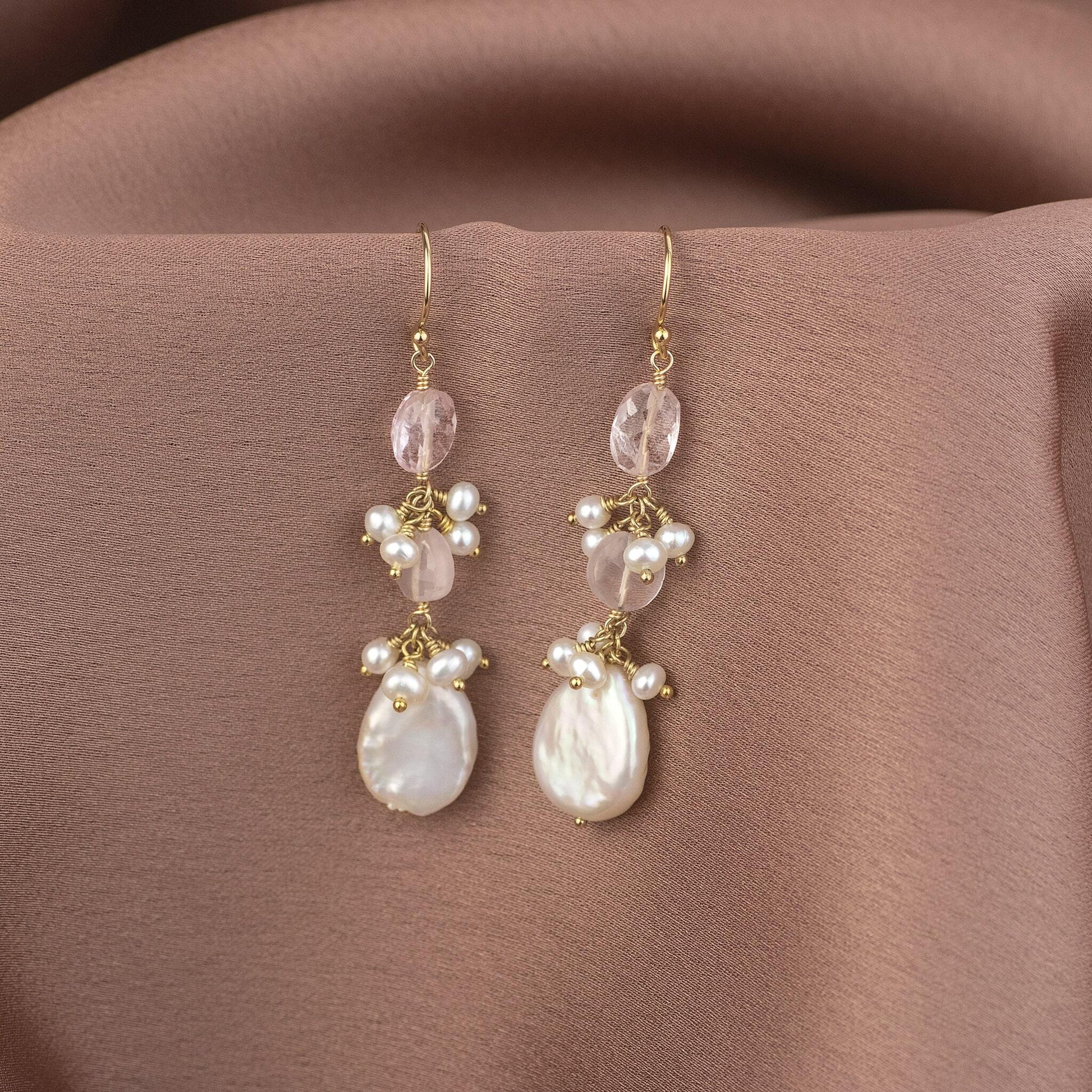 Rose Quartz & Pearl Earrings - Silver & Gold - Dinah