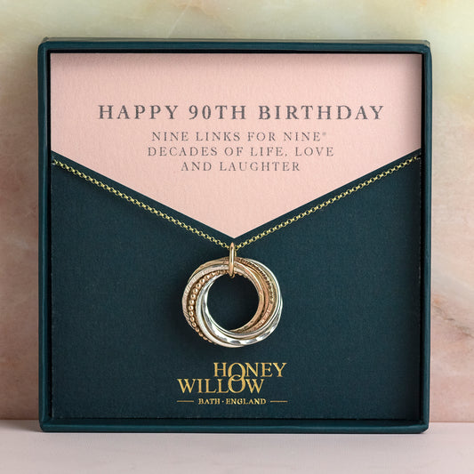 9kt Gold 90th Birthday Necklace - The Original 9 Links for 9 Decades Necklace - Recycled Gold, Rose Gold & Silver