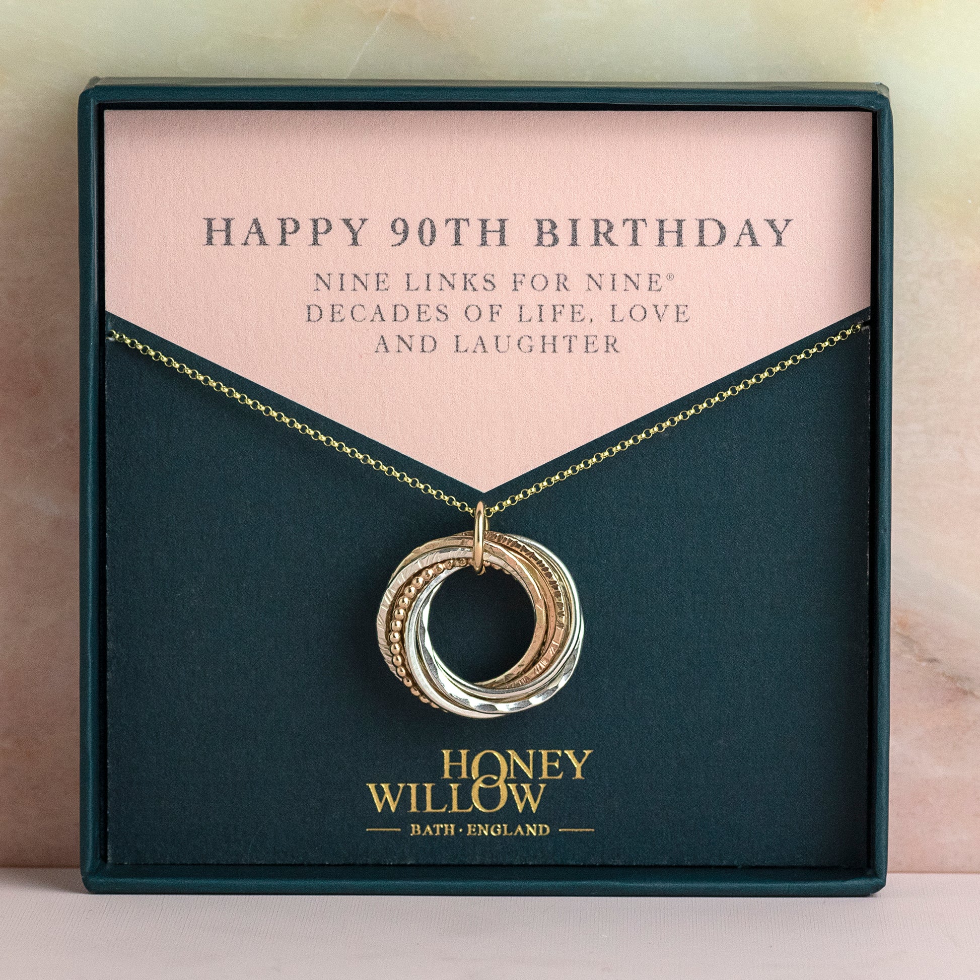 9kt Gold 90th Birthday Necklace - Recycled Gold, Rose Gold & Silver - The Original 9 Links for 9® Decades Necklace