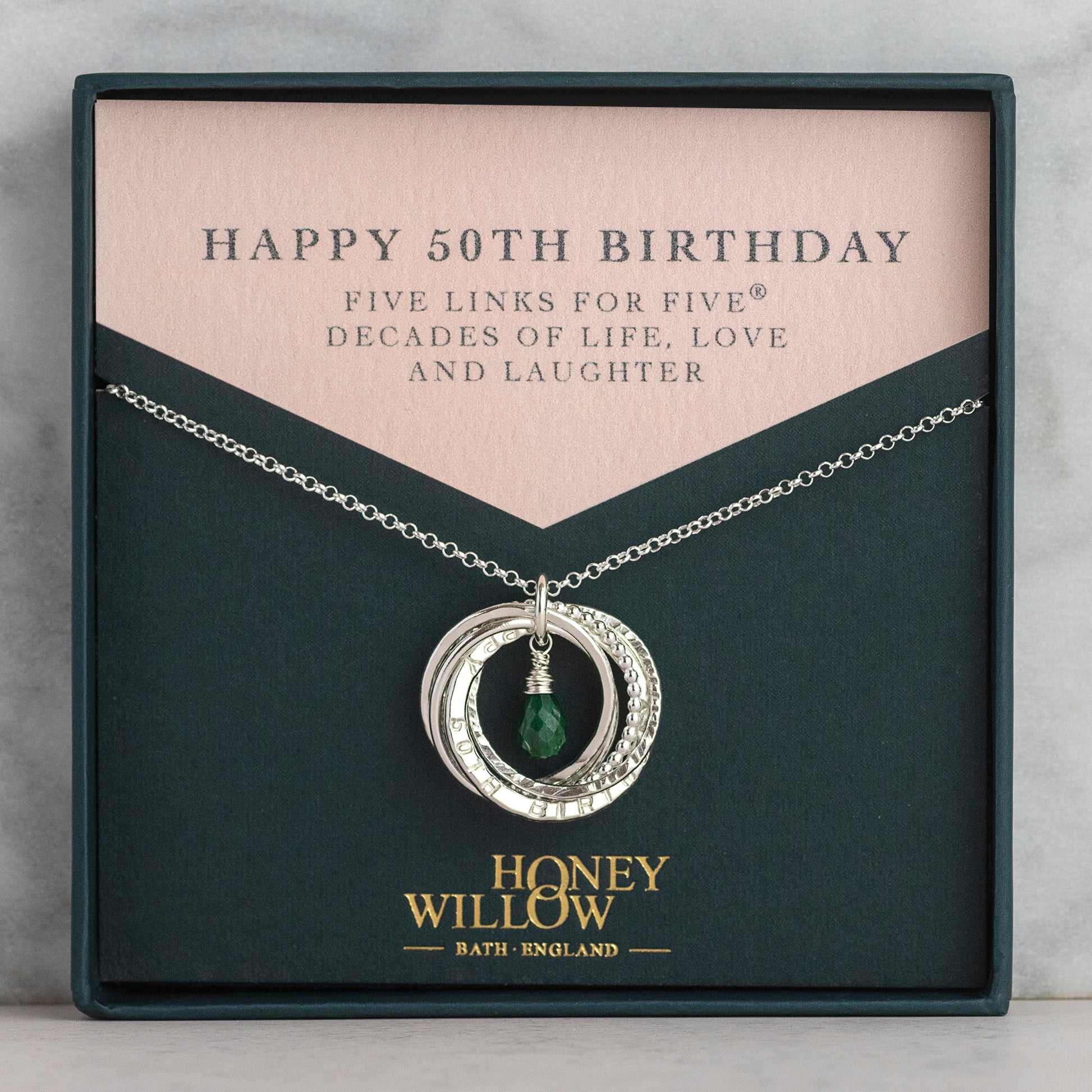 Personalised 50th Birthday Birthstone Necklace - Hand-Stamped - The Original 5 Links for 5 Decades Necklace - Silver
