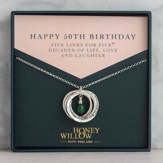 Personalised 50th Birthday Birthstone Necklace - Hand-Stamped - Silver - The Original 5 Links for 5 Decades Necklace
