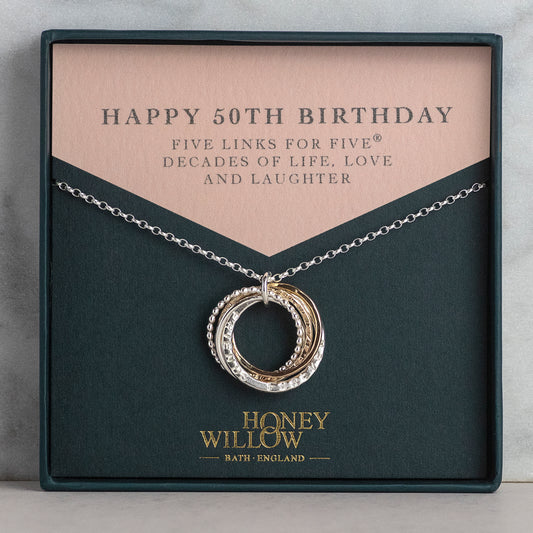 Personalised 50th Birthday Necklace - Hand-Stamped - The Original 5 Links for 5 Decades Necklace - Silver & Gold