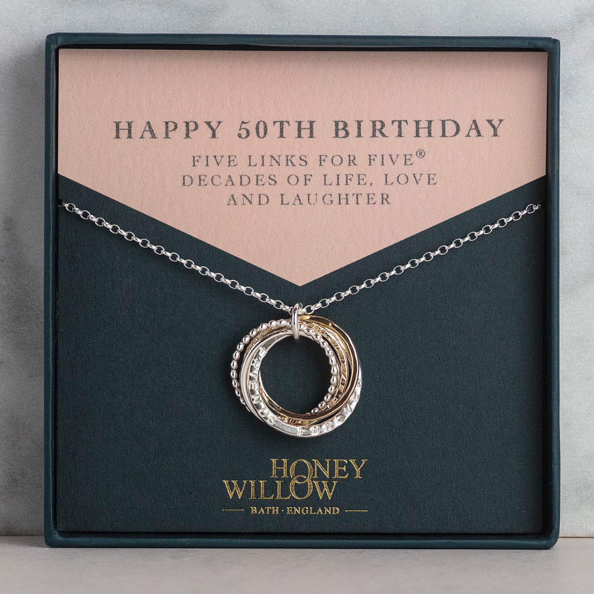 Personalised 50th Birthday Necklace - Hand-Stamped - Mixed Metal - The Original 5 Links for 5 Decades Necklace
