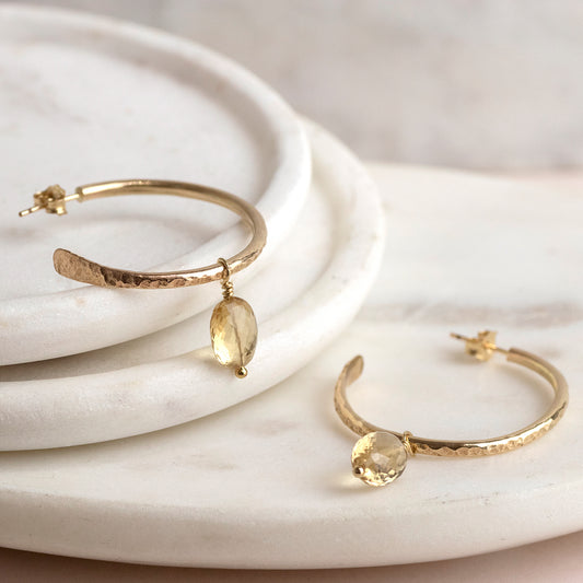 Small Gold Hoops with Citrines - 3cm