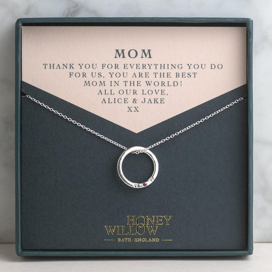 Christmas Gift for Mom - Silver MOM Necklace with Birthstone