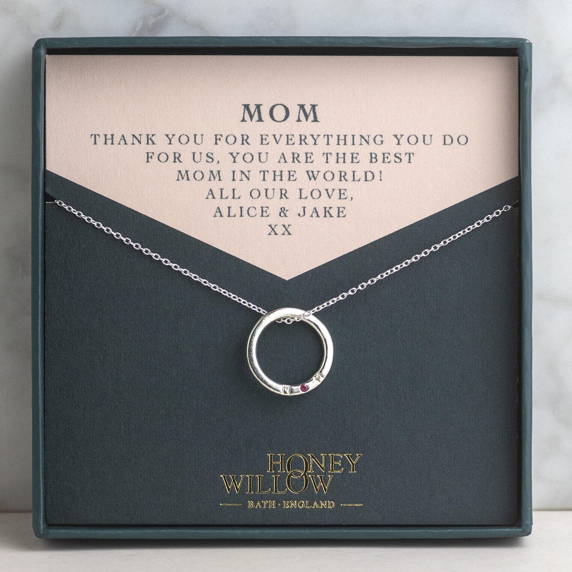 Christmas Gift for Mom - Silver MOM Necklace with Birthstone