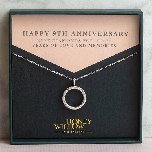 9th Anniversary Gift - Silver Diamond Halo Necklace - 9 Diamonds for 9 Years