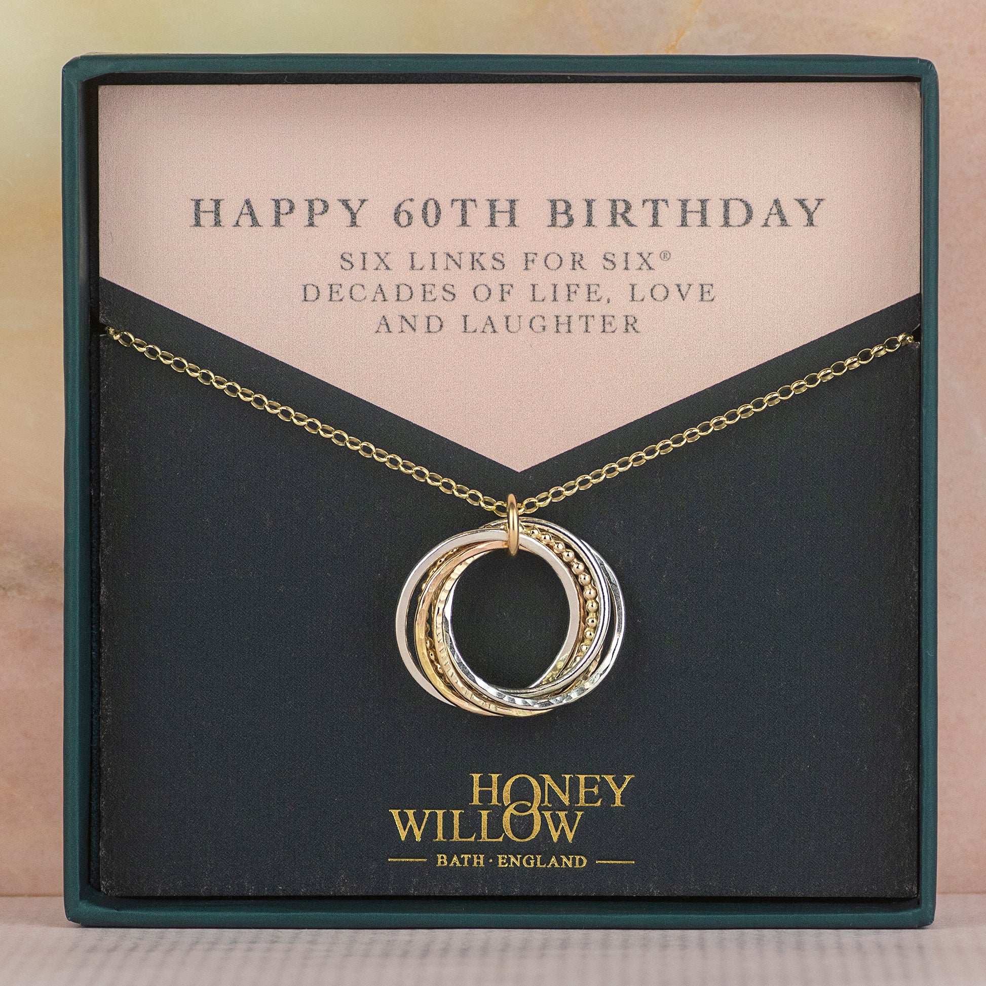 9kt Gold 60th Birthday Necklace - The Original 6 Links for 6 Decades Necklace - Recycled Gold, Rose Gold & Silver