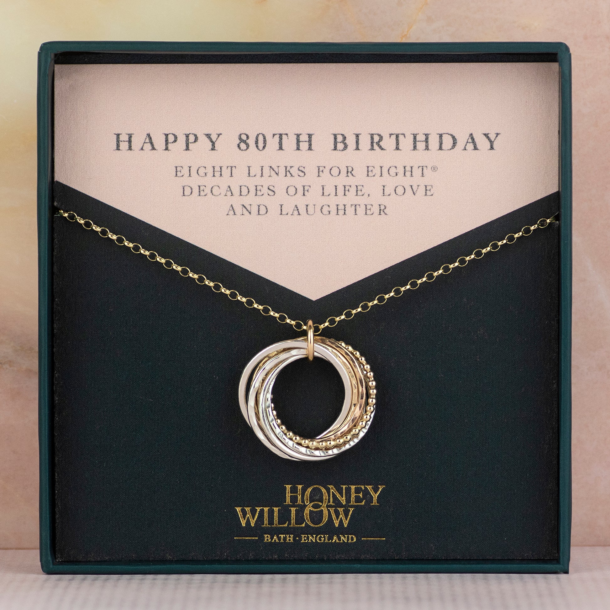 9kt Gold 80th Birthday Necklace - The Original 8 Links for 8 Decades Necklace - Recycled Gold, Rose Gold & Silver