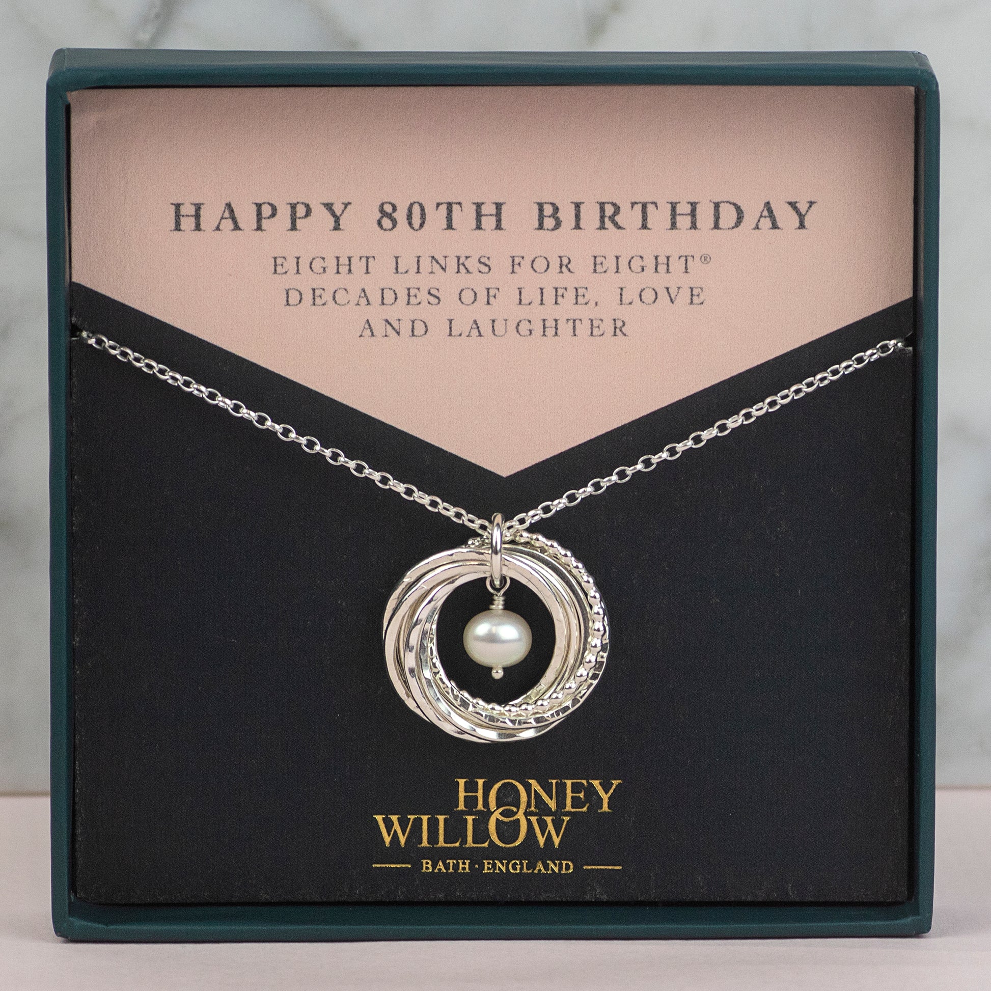 80th Birthday Birthstone Necklace - Silver - The Original 8 Links for 8 Decades Necklace