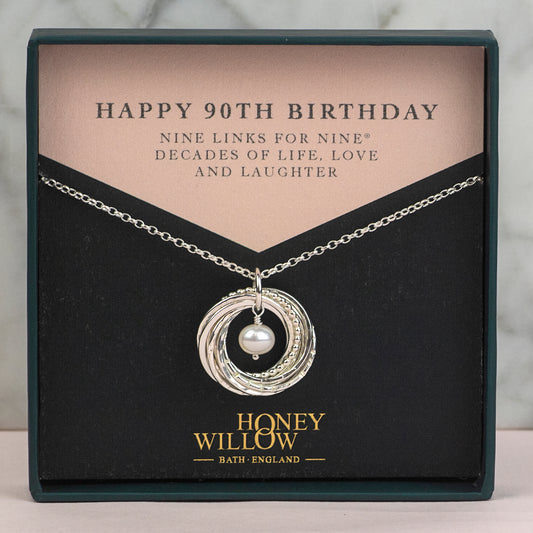 90th Birthday Birthstone Necklace - The Original 9 Links for 9 Decades Necklace - Silver